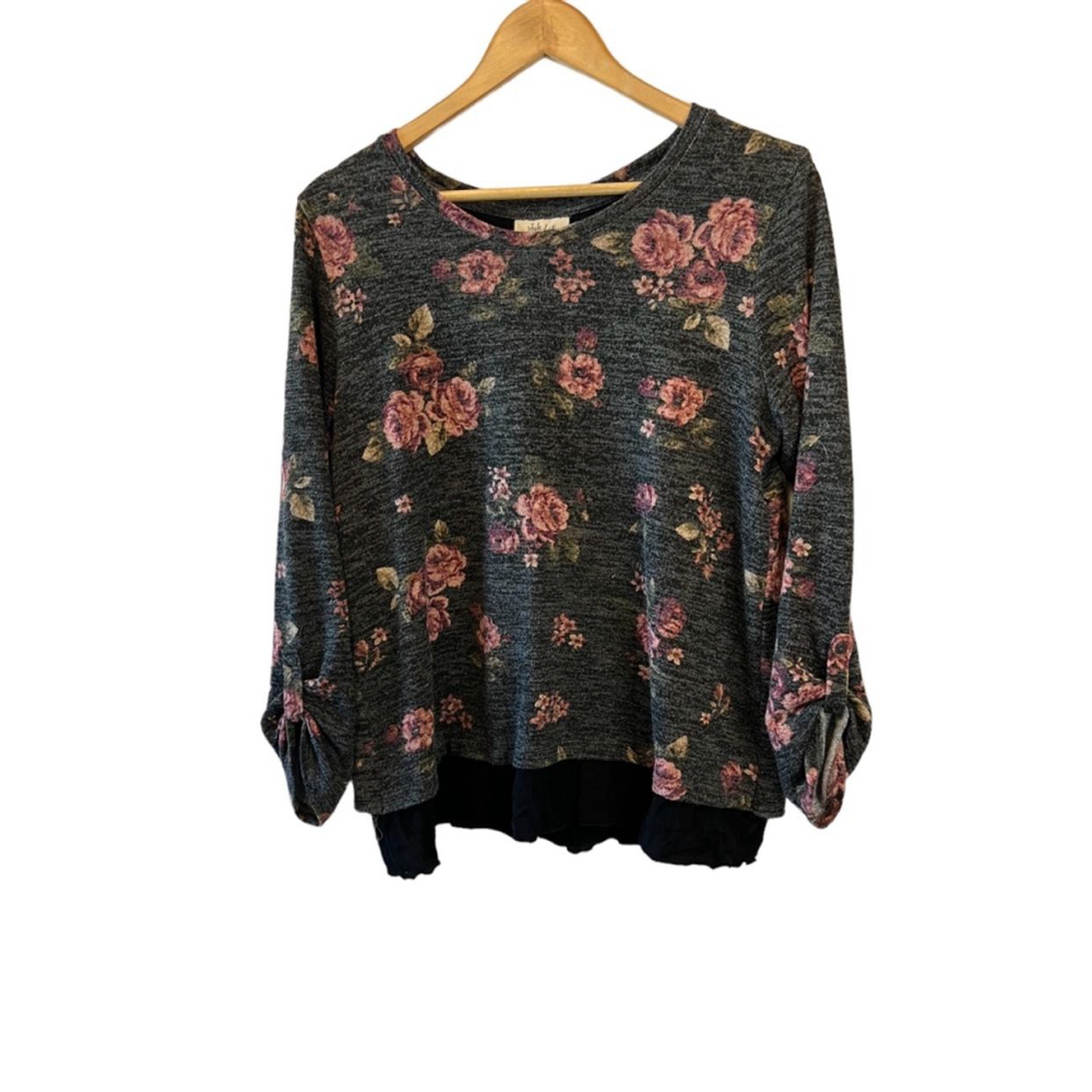 Grey Floral Print Long Sleeve Lace Insert Trim Crew Neck Top M